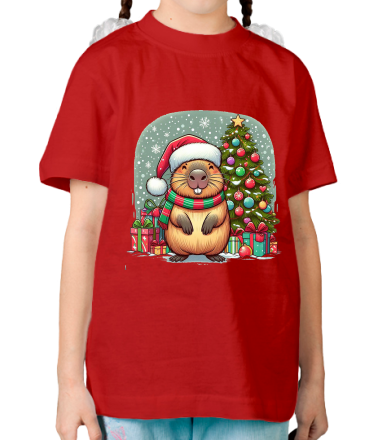 Детская футболка бобр новый год