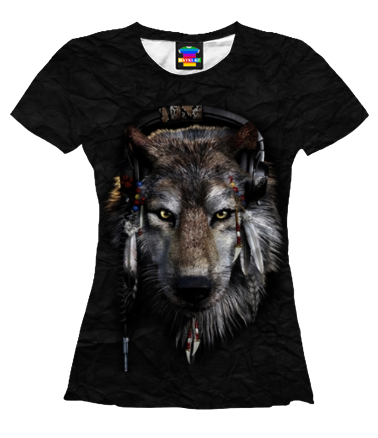 Женская футболка 3D Волк в наушниках